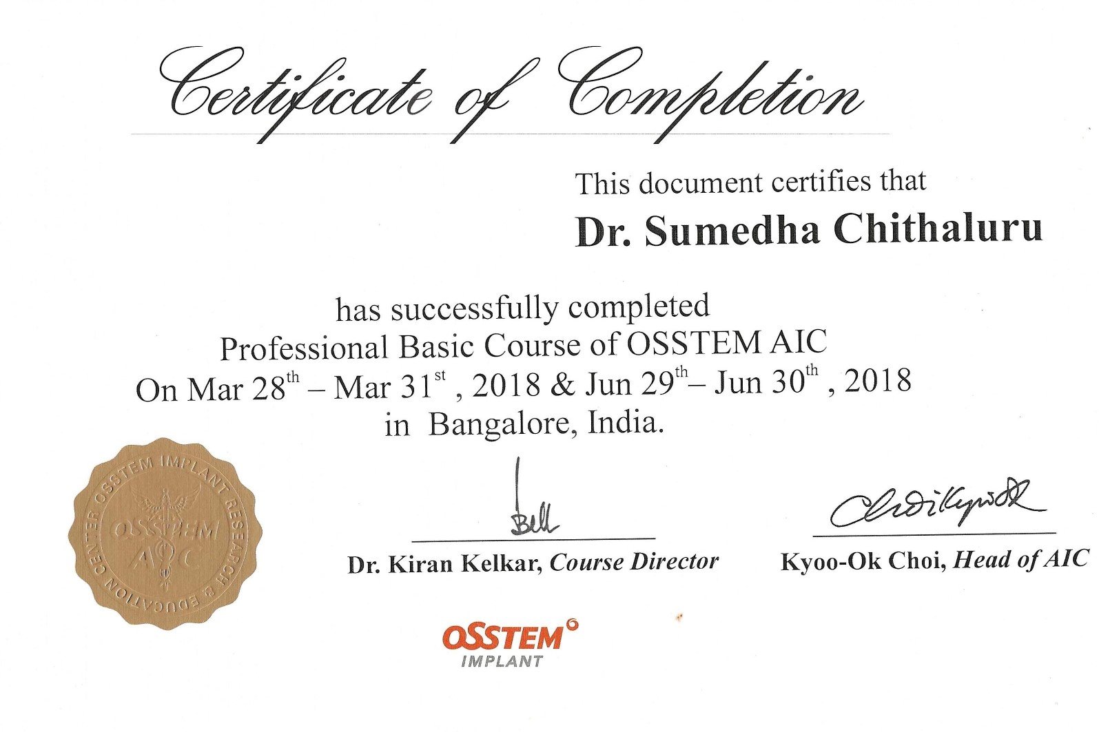 OSSTEM CERTIFICATE